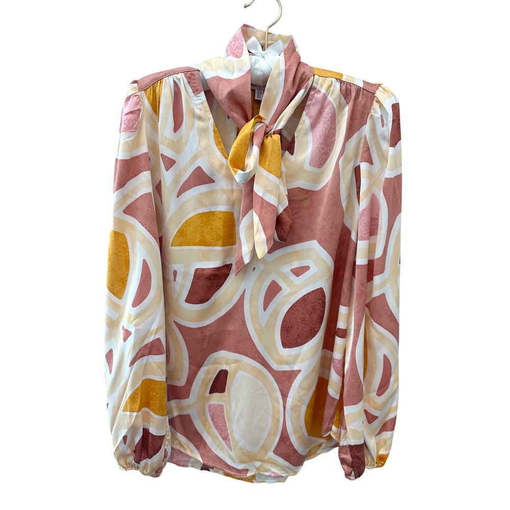 Maison d’Amélie Abstract Print Tie Neck Blouse Puff Sleeve Pink NWT Small - Picture 2 of 9